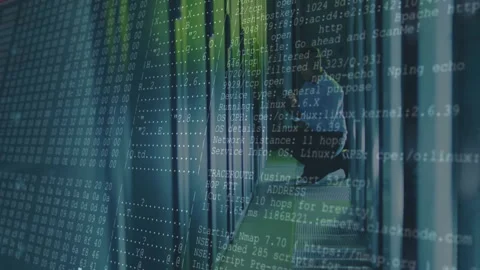 IT technician kneeling at data center rack tapping tablet spawning network logs Video stock 312759042