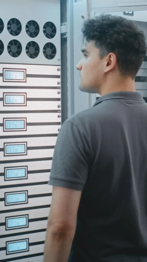 IT Technician Operating Illuminated Controls During Hands on Server Equipment Stock Footage 344954250