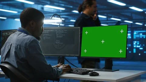 IT technician overseeing supercomputers using chroma key PC monitor Foto stock