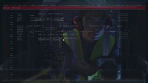 IT technician placing hands on transparent display, scrolling SQL code and Stock Footage 313725005
