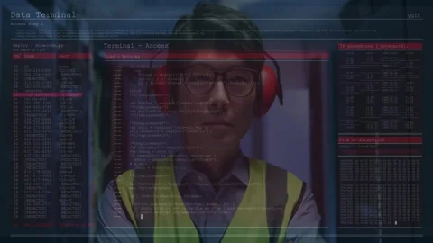 IT technician in server aisle executing deployment script on translucent overlay Stock Footage 312771227