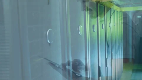 IT technician swiping tablet, unlocking rack latch, opening rack and inspecting Stock Footage 312229469