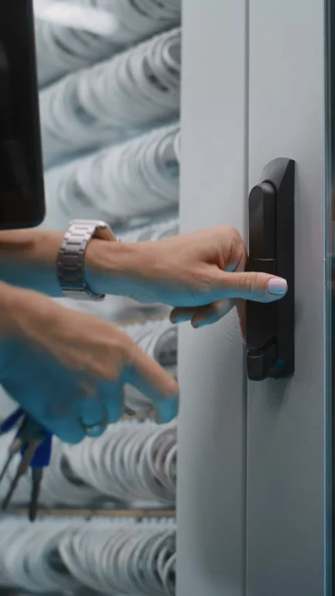 IT Technician Unlocking Server Cabinet Door with Keys Stock Footage 344882928