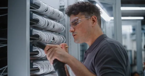 IT Technician Using Micro Brush and Vacuum to Clean Server Patch Cables Stock Footage 344879048