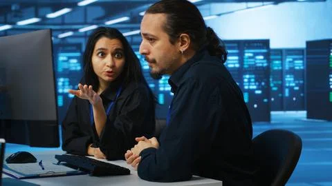IT technicians in server farm brainstorming ways to repair equipment Foto stock
