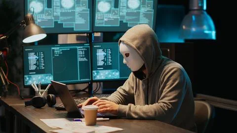 IT thief programmer with mask hacking database servers Stock Photos