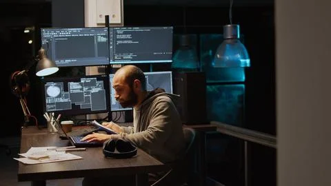 IT web developer comparing data files on clipboard papers Foto stock