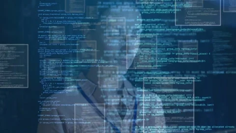 IT woman making forward gestures initiating floating code windows rearranging Stock Footage 333192750