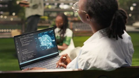 IT woman student using AI machine learning interface with neural networks Stock Footage 340961519