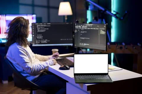 IT worker debugging code for software applications on mockup notebook 스톡 사진