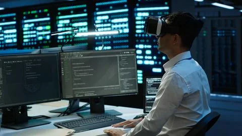 IT worker doing maintenance on server farm gear using virtual reality technology Foto stock