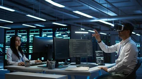 IT worker doing maintenance on server farm gear using virtual reality technology 写真素材