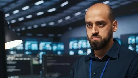 IT worker programming in data center, writing code on PC 写真素材