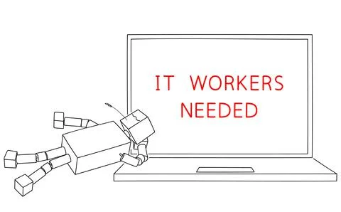 IT WORKERS NEEDED. We are hiring coders, programmers engineers techies. Editable Illustrazione stock