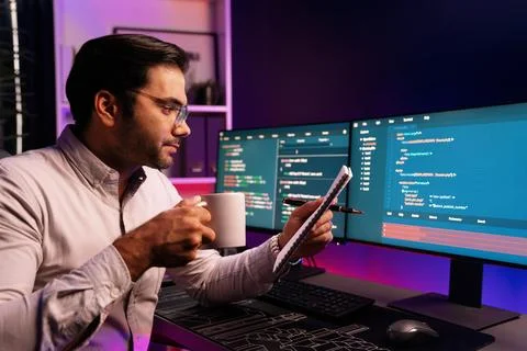 IT working with drinking coffee coding on pc screen, reading note. Surmise. Foto stock