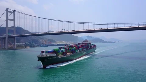 Ital Contessa container ship pass channel under Tsing Ma Bridge and move towards Video stock 75995648