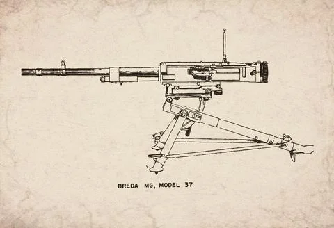 Italian 8-MM Breda Medium Machine Gun Model 37 Technical Illustration Documen Stock Illustration