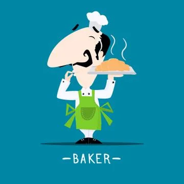 Italian chef baker with a freshly baked croissant on his tray cartoon style Stock Illustration