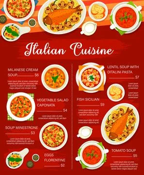 Italian cuisine vector menu template Italy meals Stock Illustration