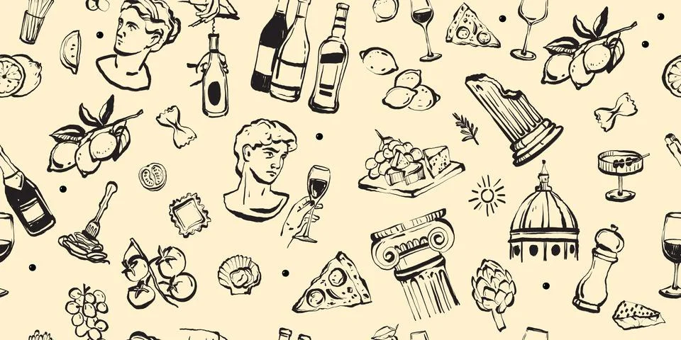 Italian doodle seamless pattern, vector hand drawn Florence texture background Illustrazione stock