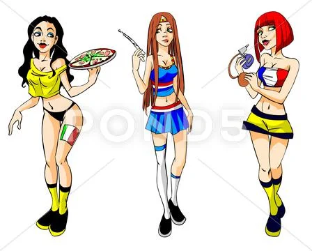 Italian, Dutch and French girls - soccer fan. Stock Illustration
