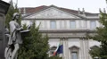 Italian European Flag Scala Opera Milan Facade World Famous Music Opera House HD Footage
