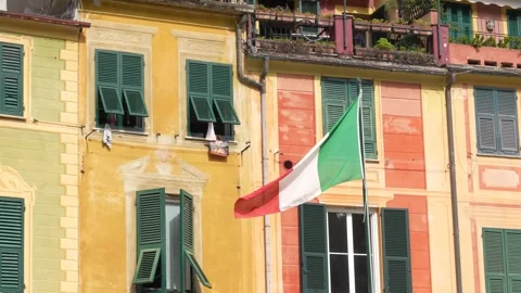Italian Flag Blowing in the Wind Close Up View in Portofino, Italy. Colorfu.. Stock Footage 336510775