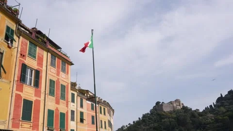 Italian Flag Blowing in the Wind Low Angle Close Up View in Portofino, Ital.. Stock Footage 336510809