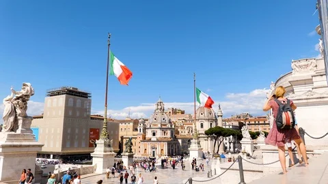 Italian flags waving on Viktor Emanuel National Monument In The City Of Rome Stock Footage 109296595
