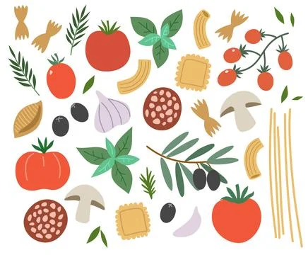 Italian food vector elements for design. Pasta, tomatoes, spices and. mushr.. Stock Illustration