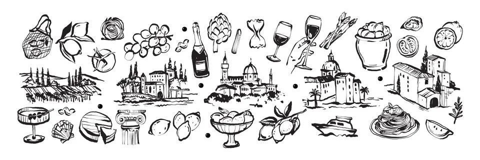 Italian icon set, vector hand drawn food drinks illustration, ink brushstroke Ilustración de archivo