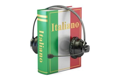 Italian language textbook with headset, learning and translate concept. 3D .. Stock Illustration