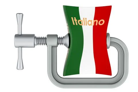 Italian language textbook squeezed in a clamp. Intensive course of Italian .. Stock Illustration