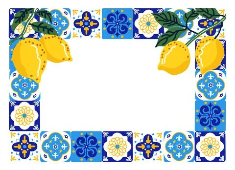 Italian lemon tile frame with blue and yellow ceramic pattern. Square borde.. Stock Illustration