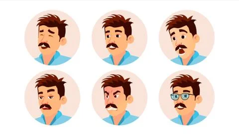 Italian Man Avatar Vector. Creative Italian Man Face, Emotions Set. Character Illustrazione stock
