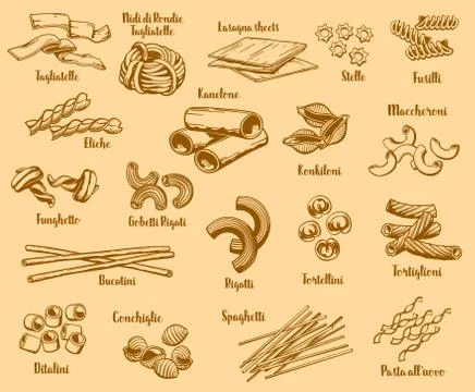 Italian pasta types and names, vector Stock Illustration