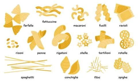 Italian pasta types set. Different macaroni, noodle and farfalle, spaghetti and Illustrazione stock