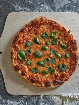 Italian pizza with basil, dark moody and clean shot, Stock Photos