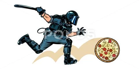 Italian pizza. riot police with a baton Stock Illustration