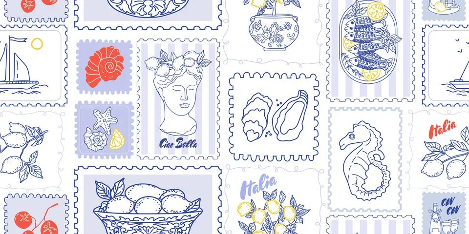 Italian postage stamp seamless pattern background. Blue line art Mediterran.. Stockillustratie