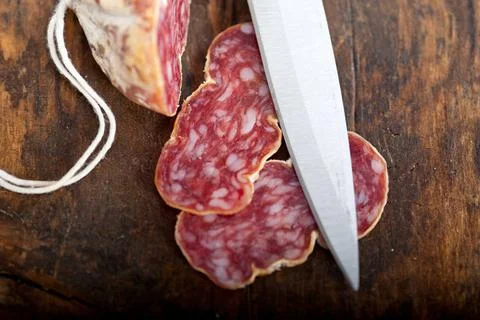 Italian salame pressato pressed slicing slicing italian salame pressato pr... Stock Photos