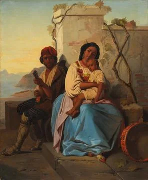 Italian Scene, not dated. Imitator of Lopold Robert (Swiss, 1794-1835). Oil.. 스톡 일러스트