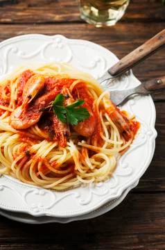 Italian spaghetti with prawns Stock Photos