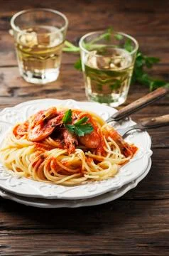 Italian spaghetti with prawns Stock Photos