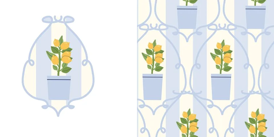 Italian summer pattern. Seamless lemon tree in vase with blue stripes from .. Stock Illustration