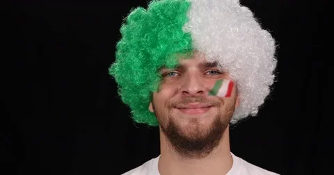 Italian Supporter Man Optimistic Showing Ok Sign Hand Gestures Happy Fan Smiling Stock Footage
