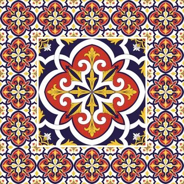 Italian tile pattern floor vector with vintage flowers print Stock Illustration