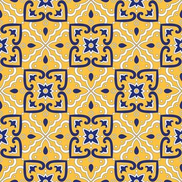 Italian tile pattern vector seamless with yellow floral ornaments Stock Illustration