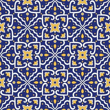 Italian tile pattern vector seamless with vintage blue ornaments Stock Illustration