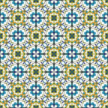Italian tile pattern vector seamless with vintage ornaments. Portuguese azule Stock Illustration